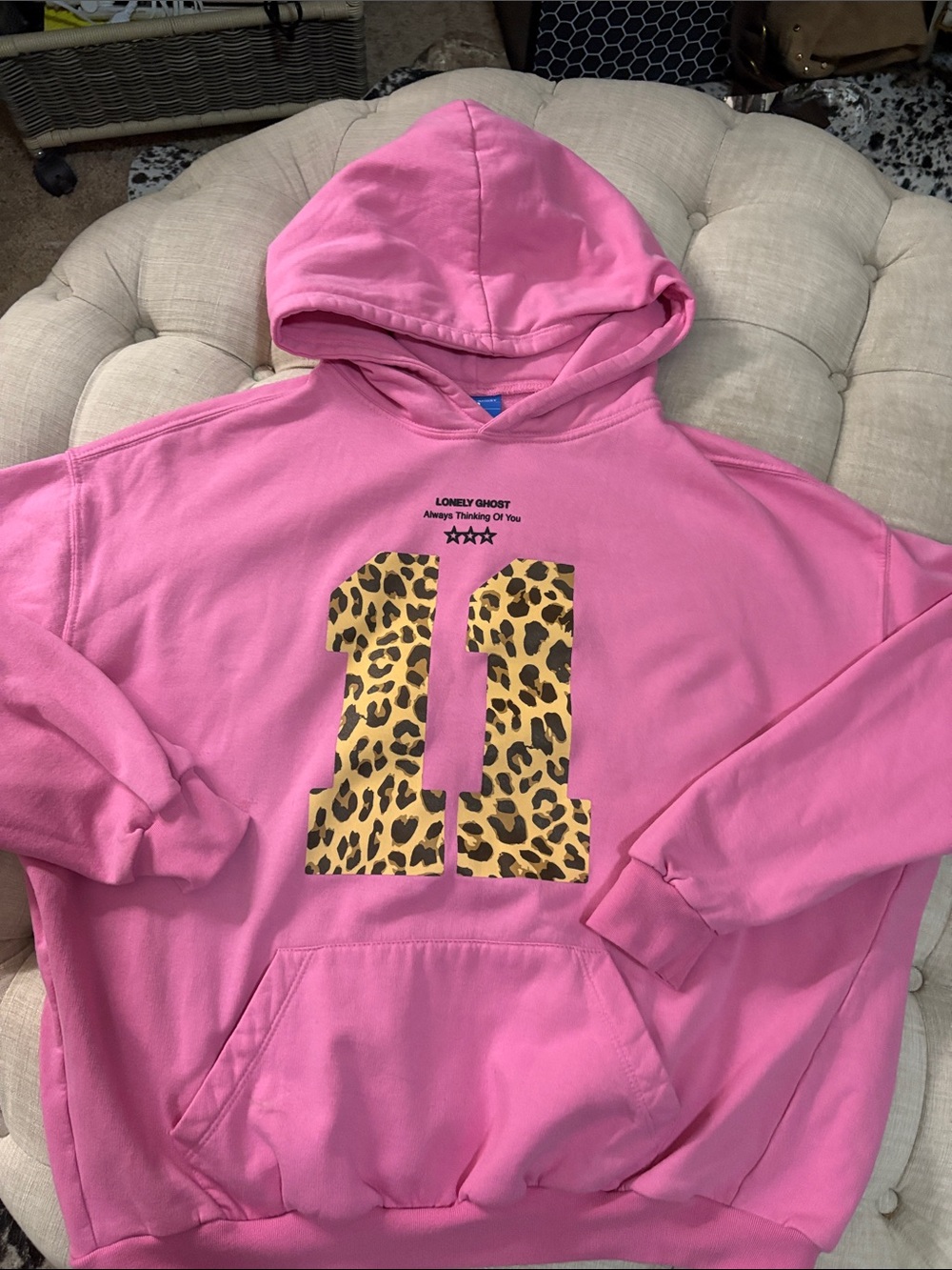 LONELY GHOST Pink Hoodie with Leopard '11' Graphic